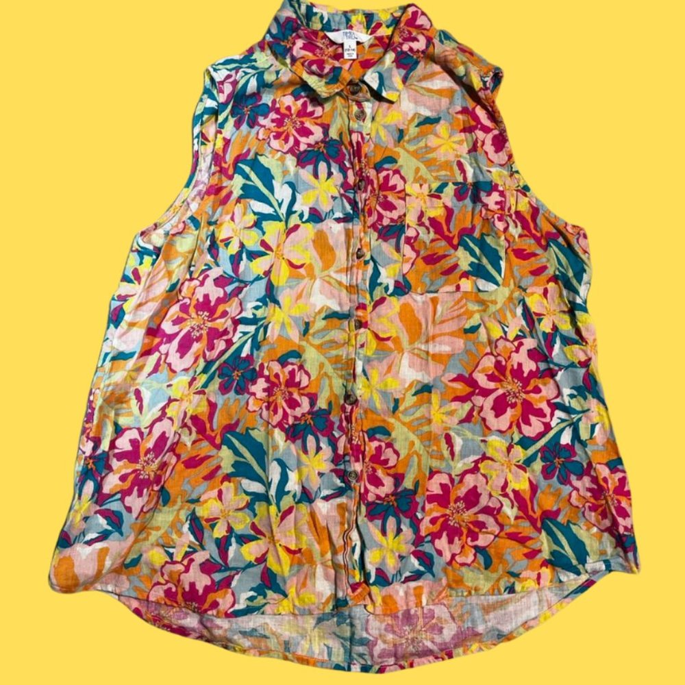 Time and Tru Women's, Botton Down, Sleeveless, Floral,  Polo Blouse, Size Large,